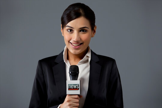 Portrait of smiling young female TV reporter against colored background 