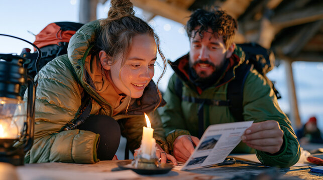 A hiking guide crouches beside a candle lantern at dusk on a mountain trail shelter table, the candlelit atmosphere illuminating her face as she quietly advises a solo hiker on a printed smoking ces