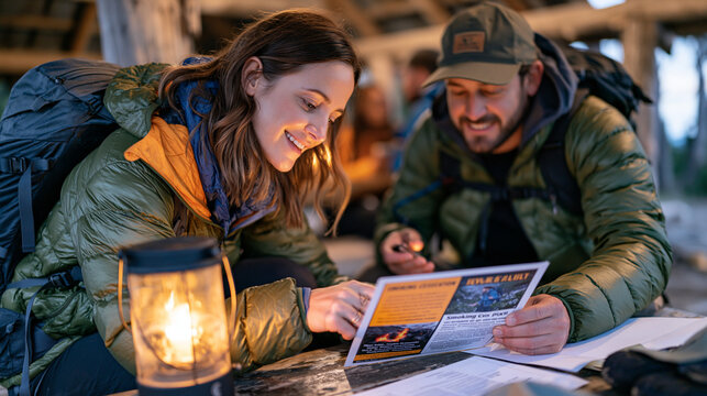 A hiking guide crouches beside a candle lantern at dusk on a mountain trail shelter table, the candlelit atmosphere illuminating her face as she quietly advises a solo hiker on a printed smoking ces