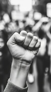 A person raises a clenched fist as they march in solidarity with others. This captures the emotion and determination of protestors.