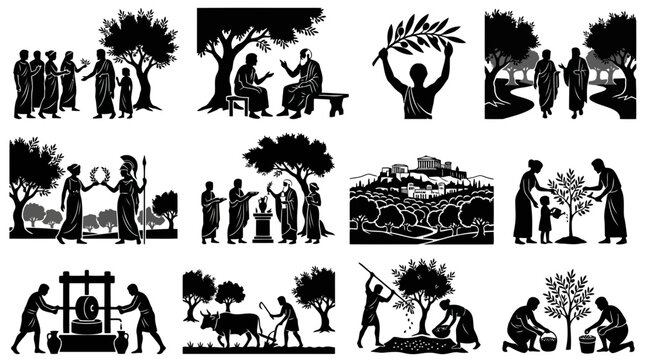 Set of black and white depicting ancient greek agricultural life, farming, olive harvesting, and rural daily activities