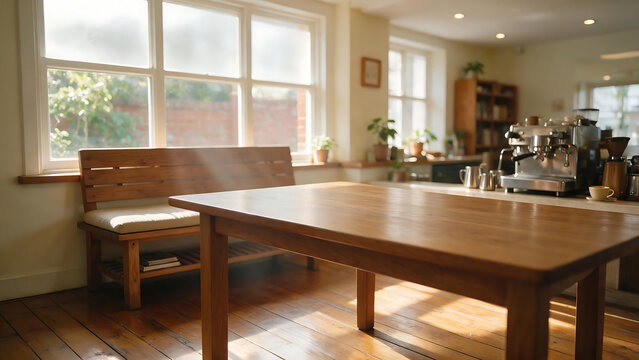Minimal cozy cafe table in warm sunlight, wooden floor and indoor plant create calm atmosphere with soft light and empty space for product display or quiet work