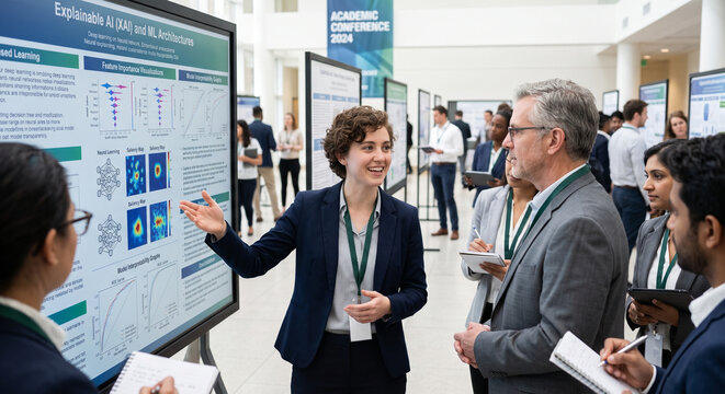 Graduate Researcher Presenting Explainable AI Poster at Academic Conference