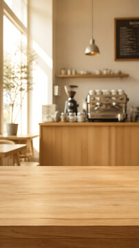 Wooden counter cafe minimal cozy table in warm light inviting coffee shop interior with soft focus background plant and sunlight creating calm atmosphere for design mockup or product display