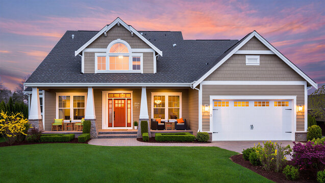 Two story suburban family home with landscaped lawn at sunset real estate residential suburban