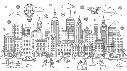 Fototapeta premium A winter cityscape illustration featuring diverse buildings, a hot air balloon, a drone, and people enjoying snow activities.