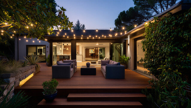 Backyard patio with string lights and lounge area at night backyard lighting furniture exterior