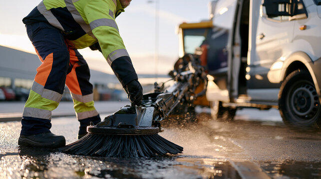 A street sweeper operator guides a mechanical brushing machine along a rain-washed industrial district predawn, the process of methodical cleaning captured in motion as he navigates around a parked 