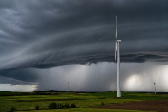 Wind energy facility under dramatic severe storm clouds and heavy rain for severe weather preparedness, insurance and resilience campaigns