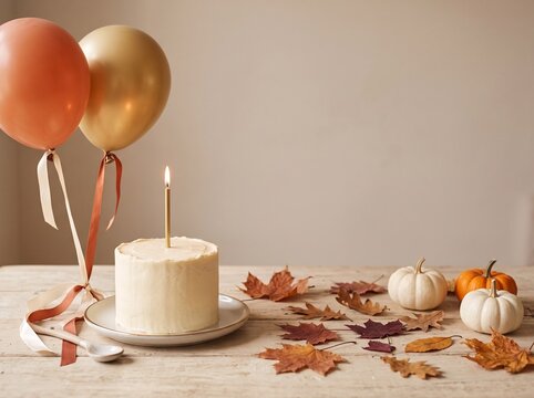 Elegant autumn birthday scene featuring a white cake, orange and gold balloons, pumpkins and colorful fall leaves arranged on a light neutral background. Perfect for birthday celebrations