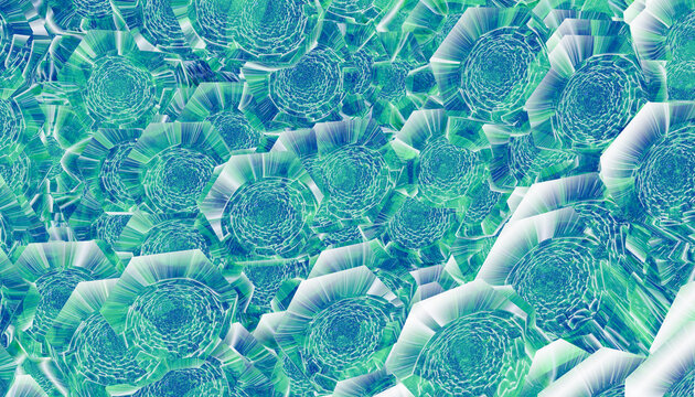 Abstract digital art with blue and green concentric octagonal patterns