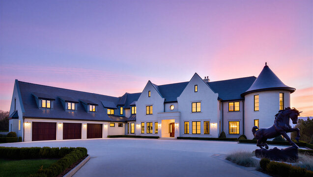 Large luxury manor house at dusk with horse sculpture real estate dream home architecture