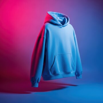 Modern fashion hoodie with vibrant red and blue neon lighting on a floating display against a gradient background