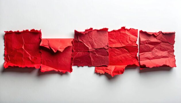 Abstract red paper pieces on white background, artistic texture.