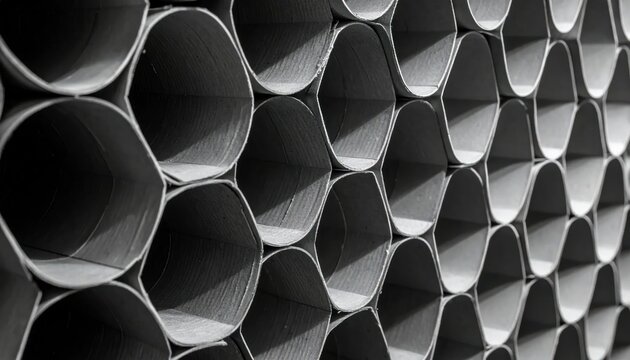 Abstract monochrome pattern of cardboard tubes creating a honeycomb effect.