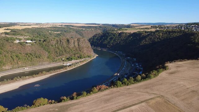 Aerial View of Middle Rhine Valley with Loreley and Dry Fields