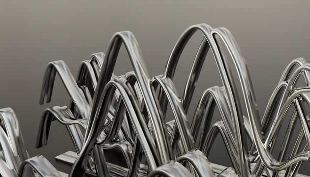 Close-up view of abstract curved metal sculpture with intertwined