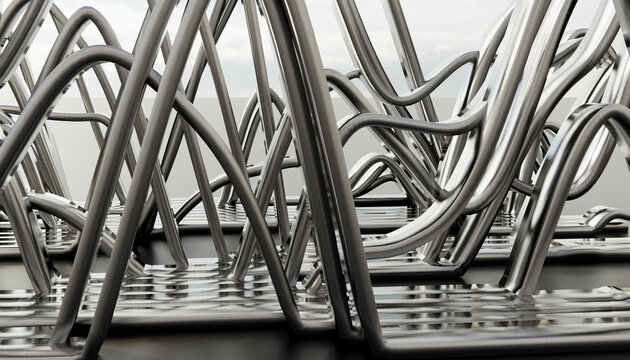 Close-up of an abstract modern sculpture with interwoven shiny metal