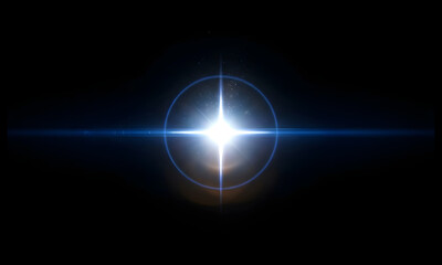 Fototapeta premium Radiant celestial light orb glowing with bright blue lens flare effects against a solid black background creating a mysterious and powerful digital cosmic visual display