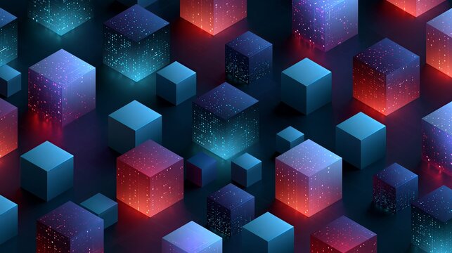 Glowing isometric digital cubes feature intricate matrix patterns in vibrant red and cool blue neon lighting for modern tech backgrounds.