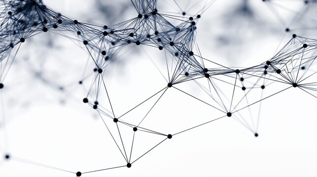 Intricate digital network nodes connected with dark thin lines creating abstract geometric patterns for modern scientific research and data visualization