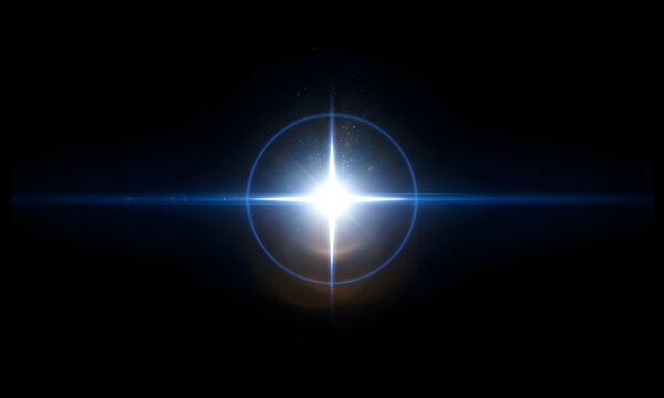 Radiant celestial light orb glowing with bright blue lens flare effects against a solid black background creating a mysterious and powerful digital cosmic visual display