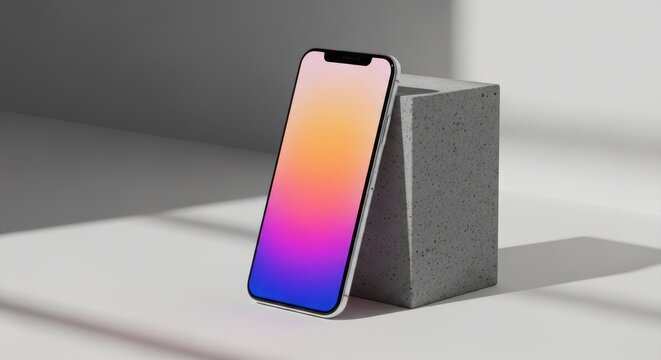 Modern smartphone with vibrant gradient display resting on textured concrete block in minimalist studio lighting