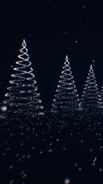 Christmas tree wireframe constructed from glowing cyan particles in a vertical 3D render with falling snow for futuristic holiday mobile backgrounds
