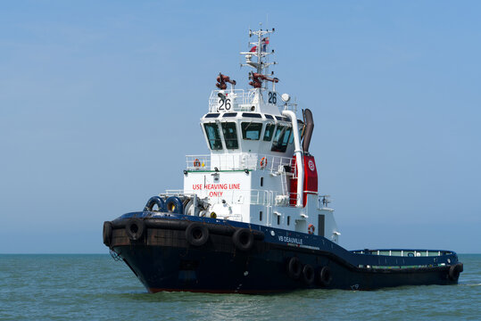 Close-up of VB Deauville tug boat on English Channel at French city of Le Haver on a sunny summer day. Photo taken July 14th, 2026, Le Havre, Normandie, France.