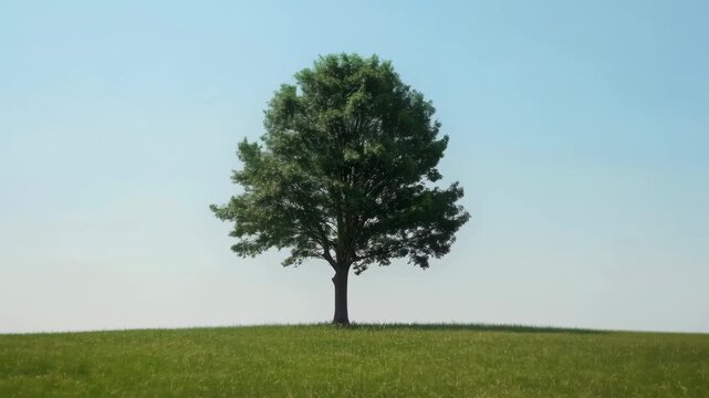 Solitary Tree in Green Field Under Clear Blue Sky, Natural Landscape Scene