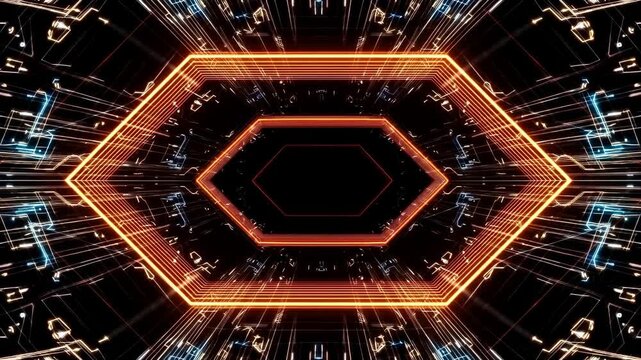 Abstract Neon Hexagon Frame With Dark Background And Glowing Orange Lines
