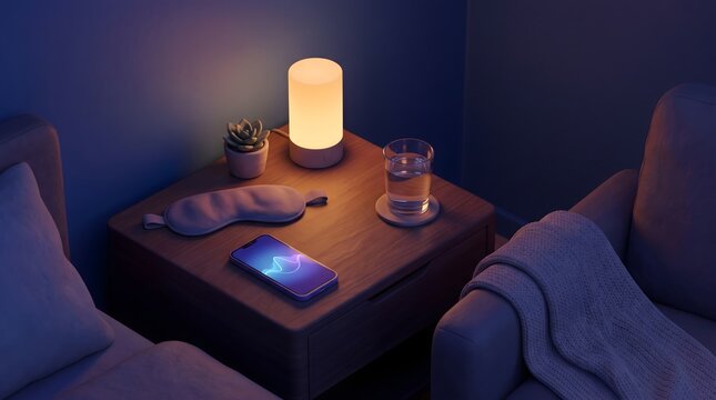 Cozy Bedroom Nightstand with Sleep Mask and Smartphone