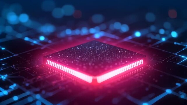 Glowing Microchip Circuit Network Digital Technology Futuristic Processor Blue Neon Data