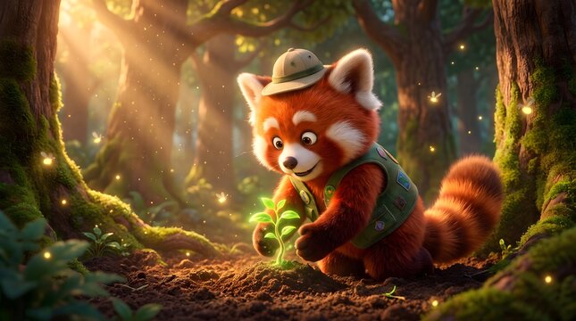 Cute Red Panda Scout Planting a Sapling in Magical Forest