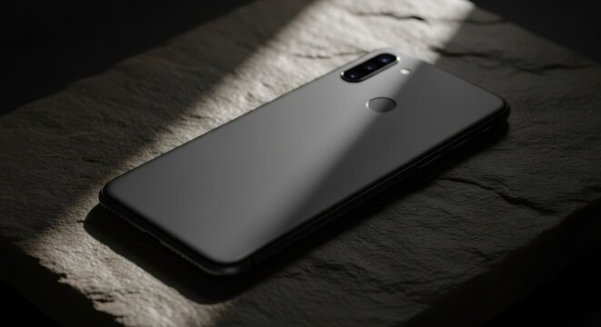luxurious matte black smartphone with triple rear camera on textured stone surface under dramatic angled light