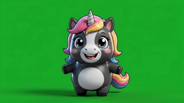 Adorable Cartoon Unicorn Character with Rainbow Mane and Horn on Green Screen Background for Animation and Children's Content