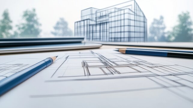 Architectural Blueprint and Pencil with Building Model Design Concept