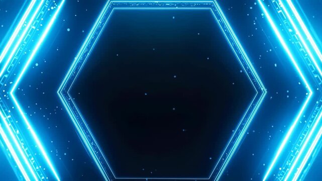 Futuristic Blue Hexagon Frame with Dark Center and Glowing Lines, Neon Dark Space Background