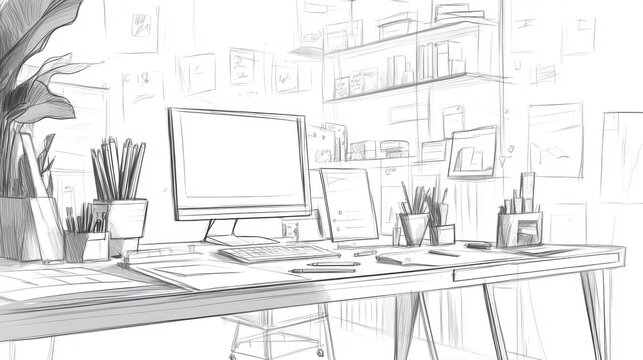 Sketch of a Modern Home Office Creative Workspace