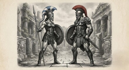 Naklejka premium Two ancient warriors with helmets, shields and spears facing 