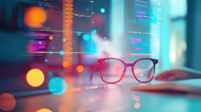 Red Eyeglasses on Desk with Abstract Digital Programming Code Overlay