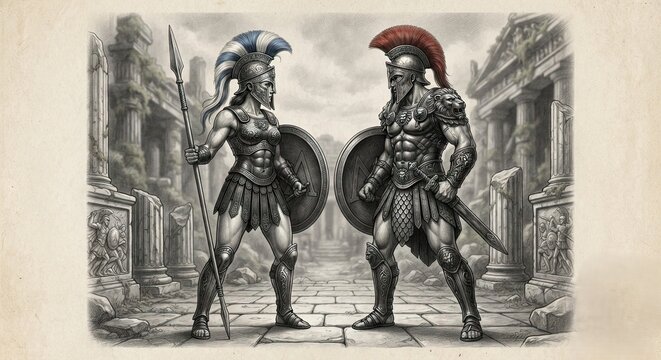 Two ancient warriors with helmets, shields and spears facing
