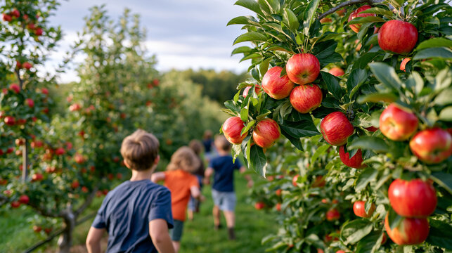 Rows of mature apple trees stretching beneath an overcast dramatic sky in a commercial orchard, a group of children racing between trunks at dusk during a first sleepover adventure on a working farm