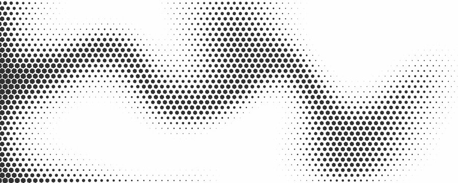 Hexagon halftone gradient texture. Abstract black grunge background. Geometric retro halftone tech wallpaper. Fading wavy hexagonal pattern backdrop. Vector vanishing honeycomb grunge bitmap overlay