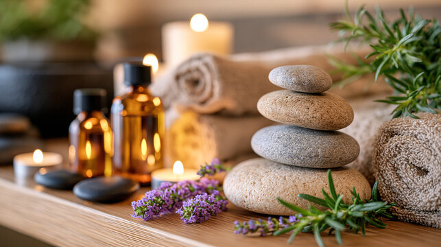 Smooth river stones, folded linen towels, and amber essential oil bottles arranged as symbolic still life on warm-lit timber shelf inside spa treatment room, school-funding scarcity contrasted by lu