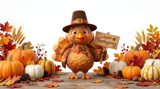 Cute plush owl in pilgrim hat holding Thanksgiving sign with autumn harvest pumpkins and gourds