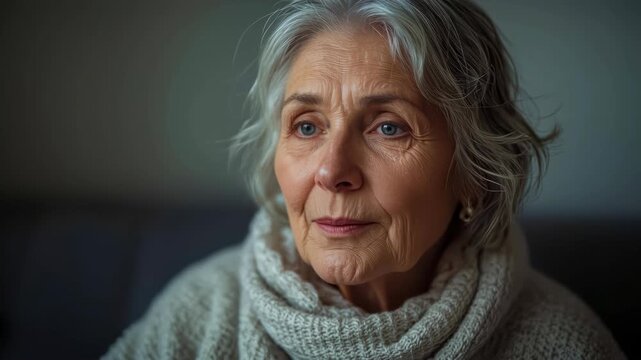 Senior woman portrait with soft light, gray hair, calm eyes, scarf and knitted sweater