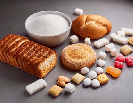 various simple carbohydrates like sugar candy and white bread are arranged on a grey surface concept of unhealthy