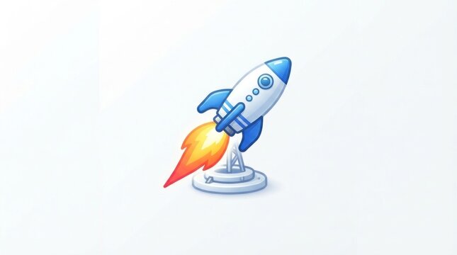 Animated rocket launch illustration showing propulsion and ascent with bright flames.