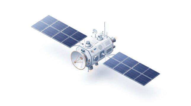 Small imaging satellite with large solar panels and compact communication antennas in space.